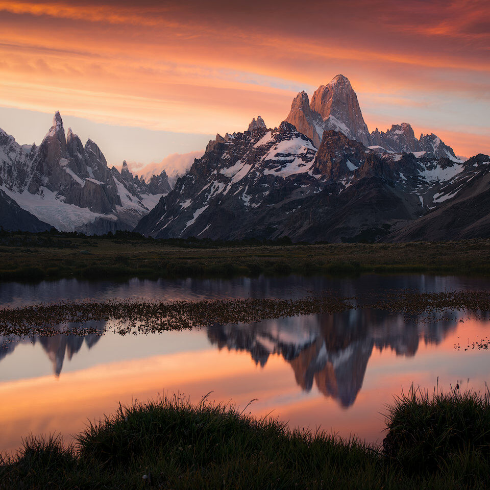 Cerro Torre and Fitz Roy reflected in an infinity pool during an intense sunset.