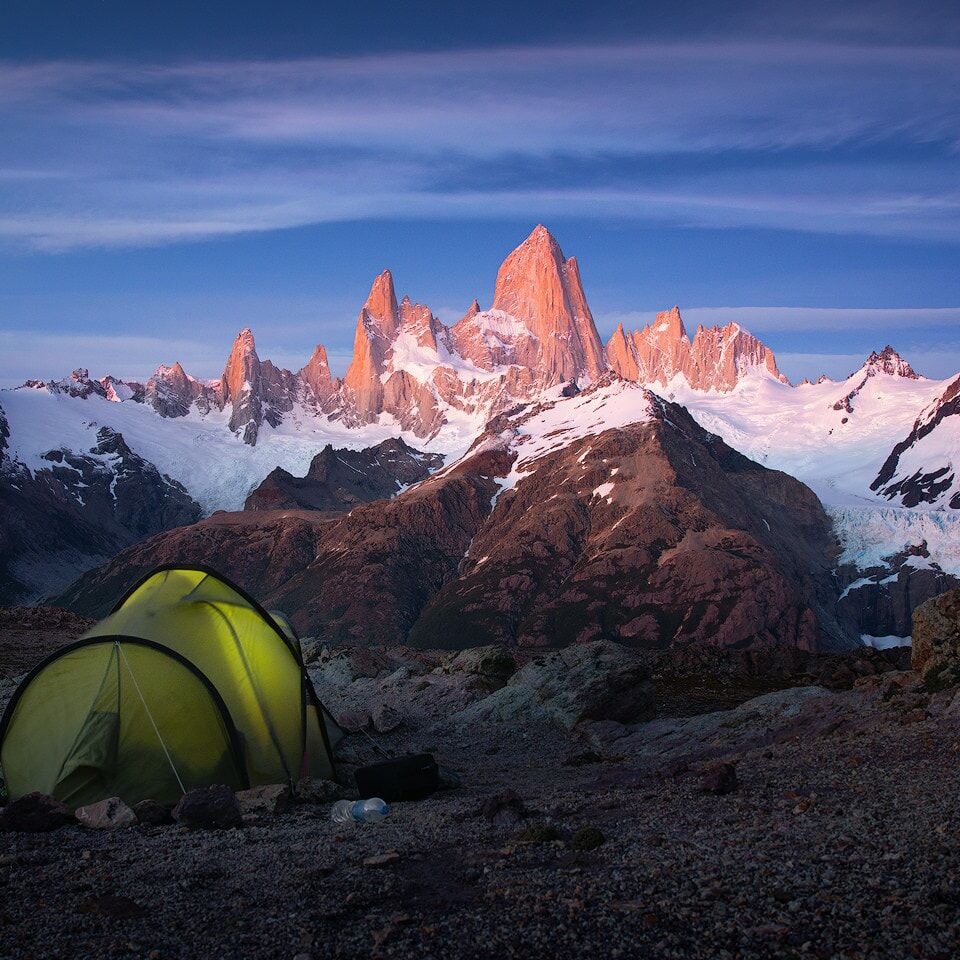 A tent in front of Cerro Fitz Roy at dawn