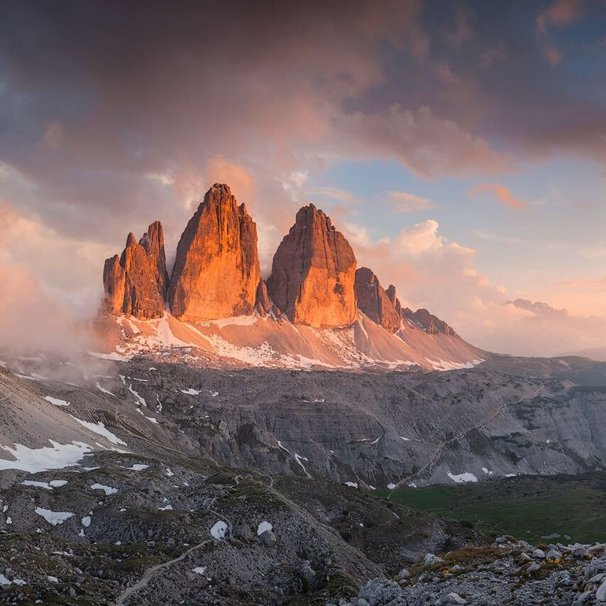 Panorama of the Tre Cime seen from Rifugio Locatelli